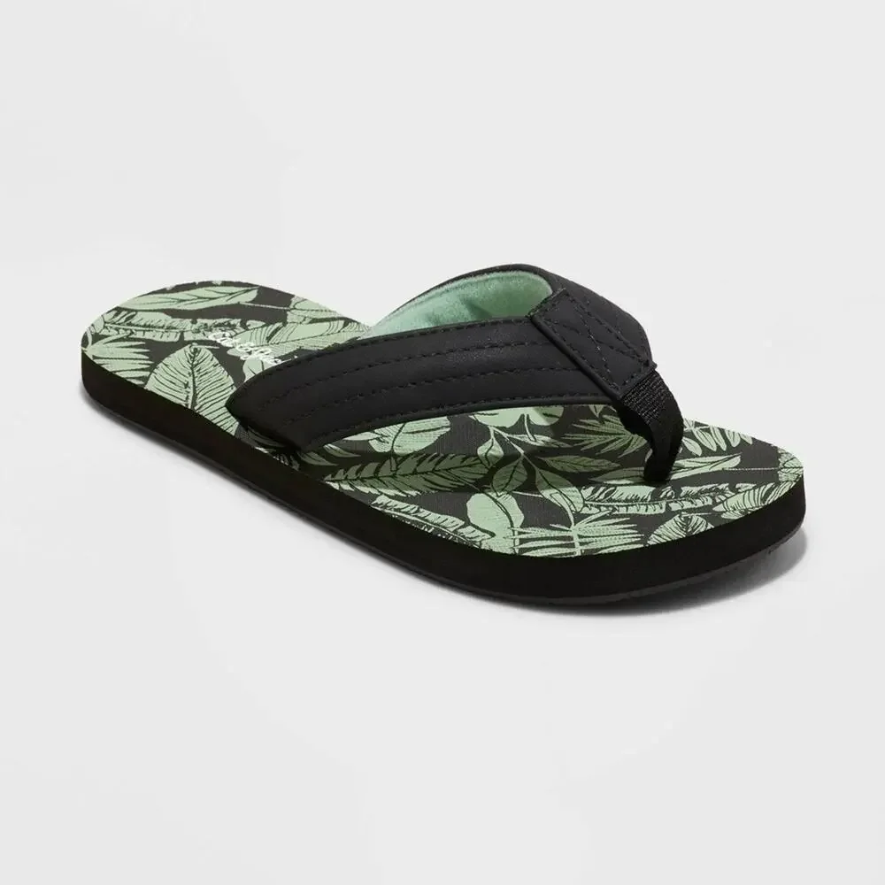 Cat & Jack Black and Green Kids Flip Flops Cal‎ Leaf Print 2/3